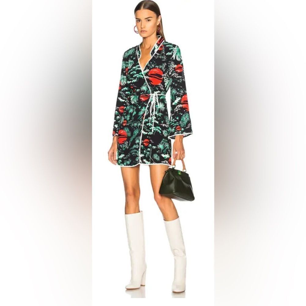 RIXO London Iris Green Oriental Sky Party Night Out Boho Real Wrap Mini Dress L